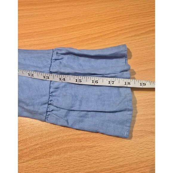 For Cynthia Linen Blouse L Blue Cropped Tie Waste Buttons Ruffles Bell Sleeve - Picture 8 of 12